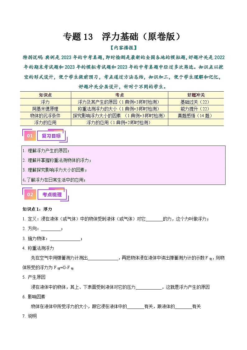 中考物理总复习专题13  浮力基础（原卷版）第1页