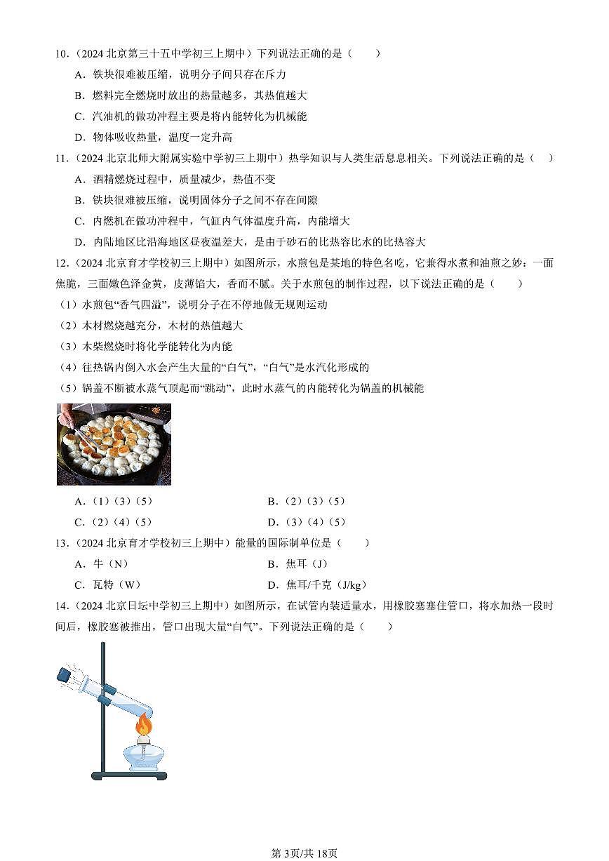 2024北京重点校初三（上）期中真题物理汇编：燃料的利用和环境保护（北师大版）第3页