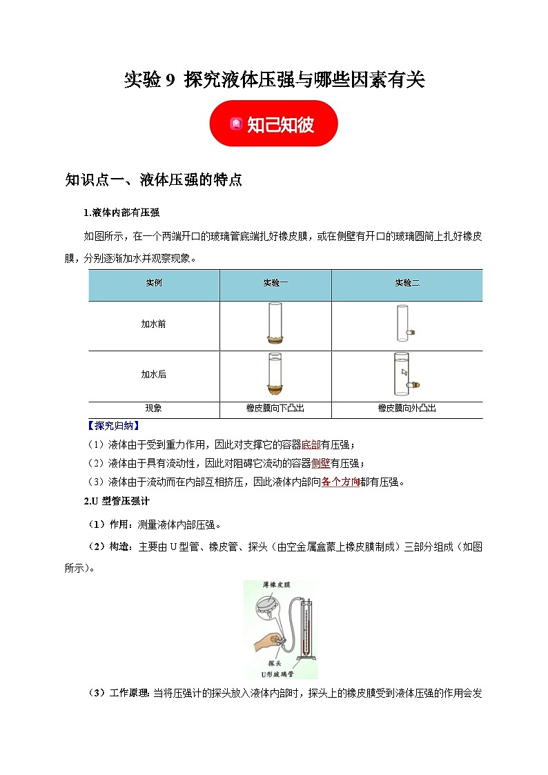 中考物理总复习实验9 探究液体压强与哪些因素有关（解析版）练习第1页