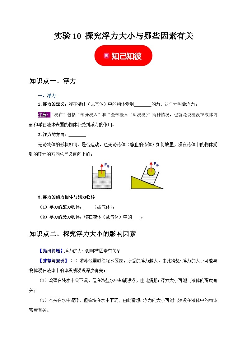 中考物理总复习实验10 探究浮力大小与哪些因素有关（原卷版）第1页