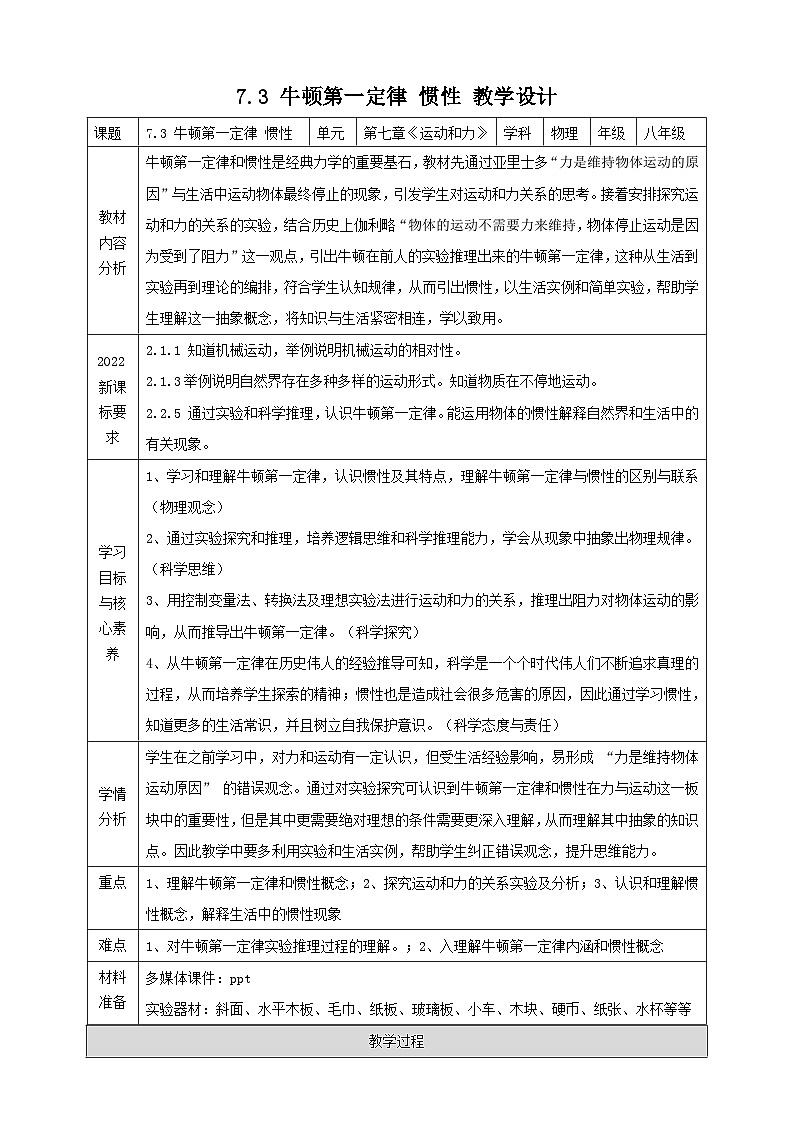 八下物理7.3 牛顿第一定律 惯性  教学设计第1页