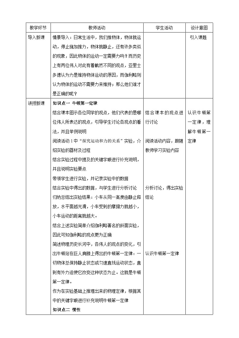 八下物理7.3 牛顿第一定律 惯性  教学设计第2页