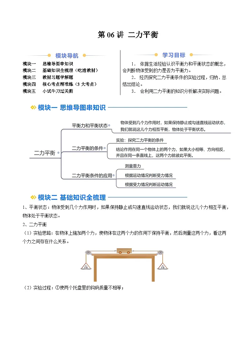 人教版八年级物理寒假提升讲义（预习）第06讲 二力平衡（解析版）第1页