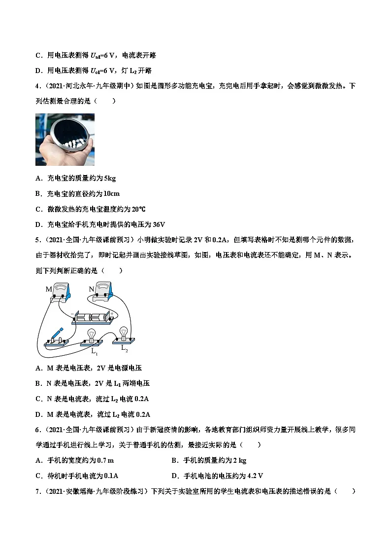 人教版九年级物理寒假分层练习第12练 电压-（原卷版）第2页