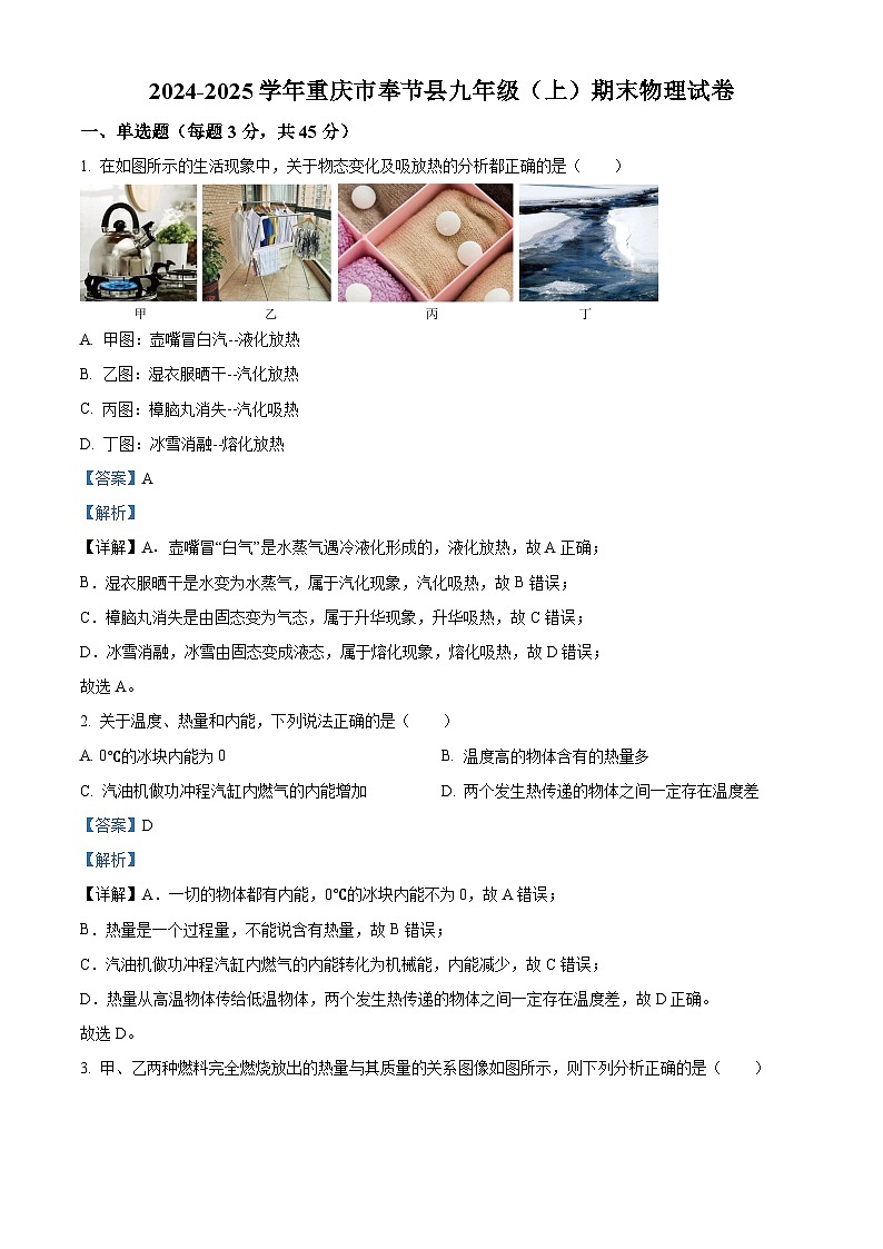重庆市奉节县2024-2025学年九年级上学期期末考试物理试题（解析版）第1页
