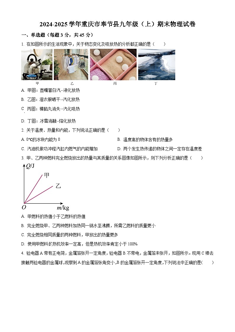 重庆市奉节县2024-2025学年九年级上学期期末考试物理试题（原卷版）第1页