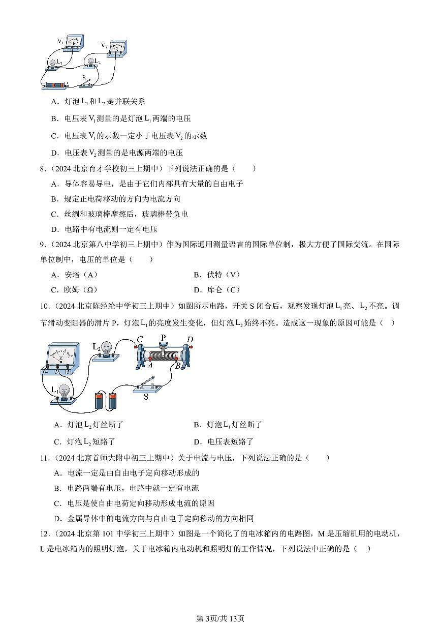 2024北京重点校初三（上）期中真题物理汇编：电压（北师大版）（选择题）1第3页