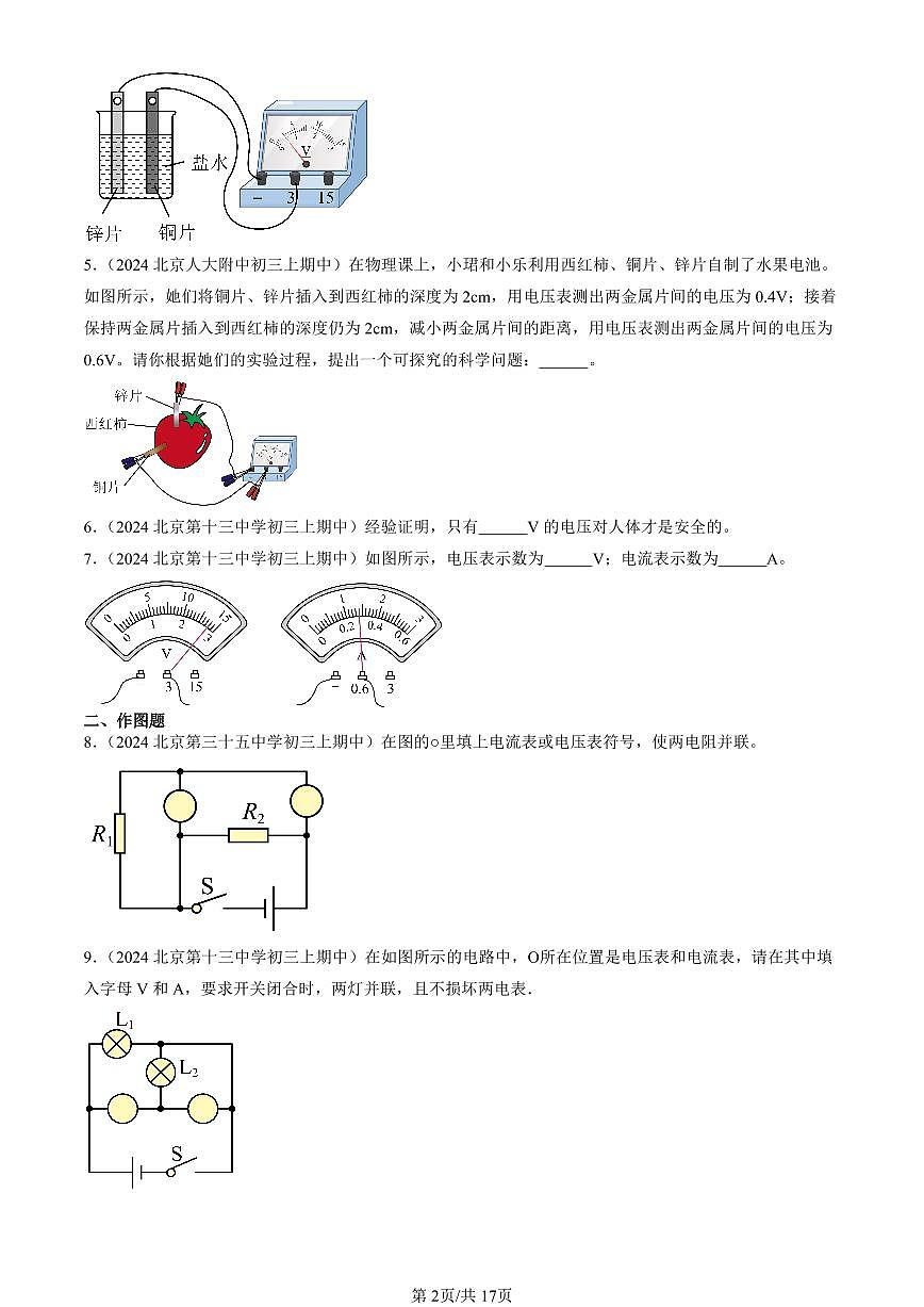 2024北京重点校初三（上）期中真题物理汇编：电压（北师大版）（非选择题）第2页