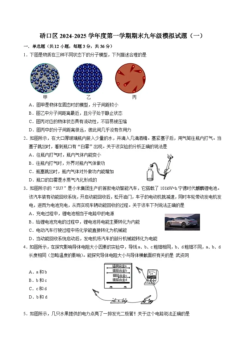 硚口区2024-2025上学期九年级元调模拟物理试题（word版含答案）第1页