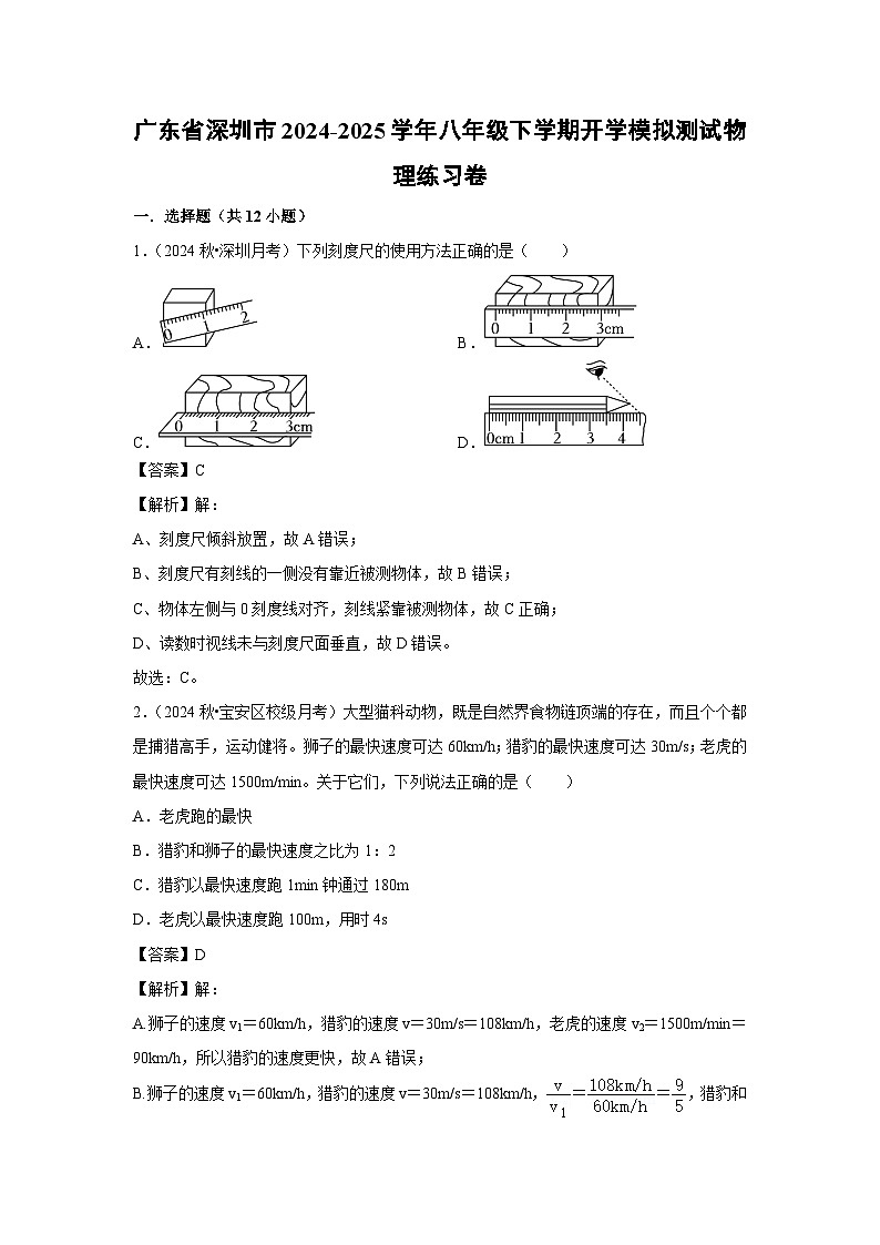 2024-2025学年广东省深圳市八年级下学期开学适应性模拟测试练习卷物理试卷（解析版）第1页