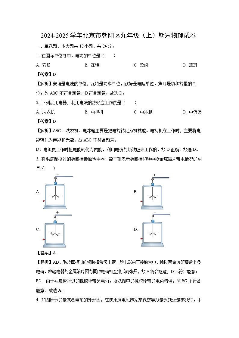 2024~2025学年北京市朝阳区九年级上学期期末物理试卷（解析版）第1页