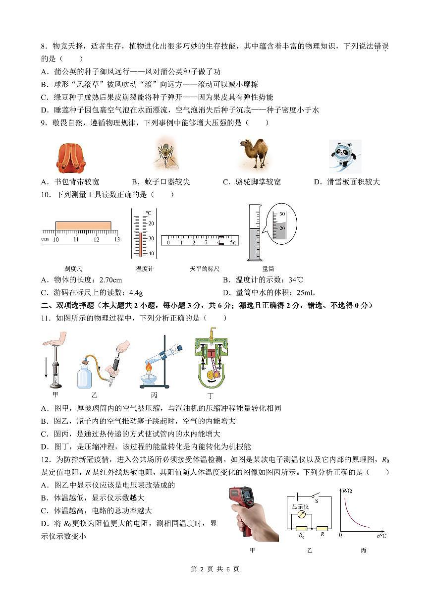 2024 年长沙立信初三下学期第二次物理模拟试卷（含答案）第2页