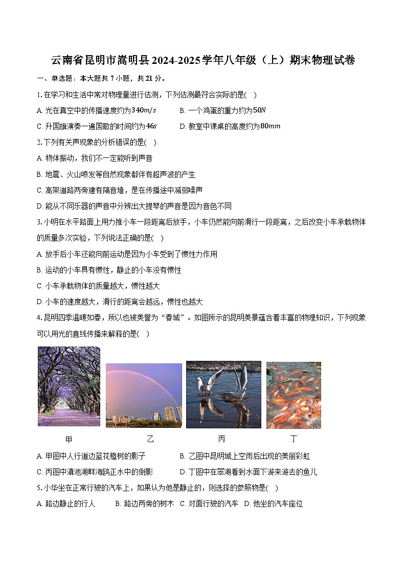 云南省昆明市嵩明县2024-2025学年八年级（上）期末物理试卷【含解析】第1页