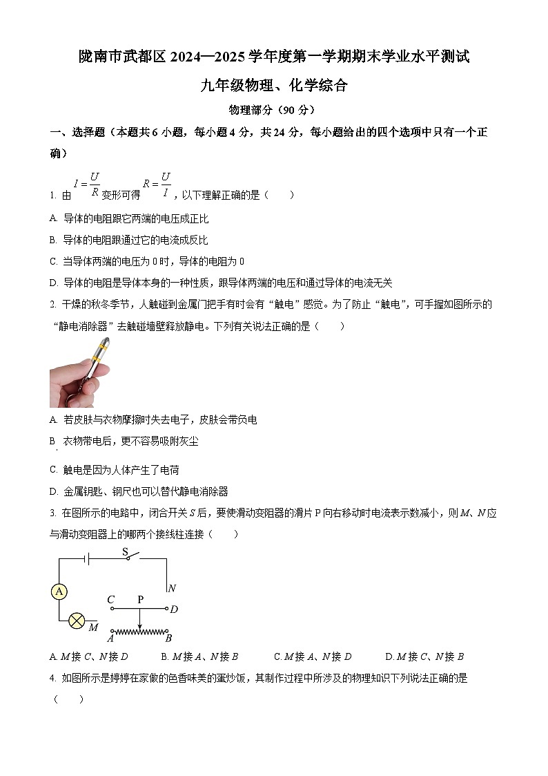 甘肃省陇南市武都区2024-2025学年九年级上学期期末学业水平测试物理试题（原卷版+解析版）第1页