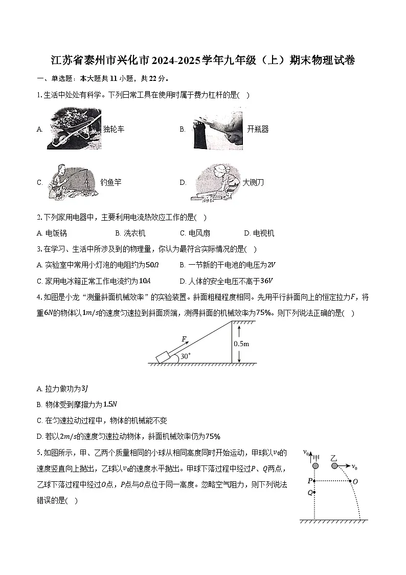 江苏省泰州市兴化市2024-2025学年九年级（上）期末物理试卷-普通用卷第1页