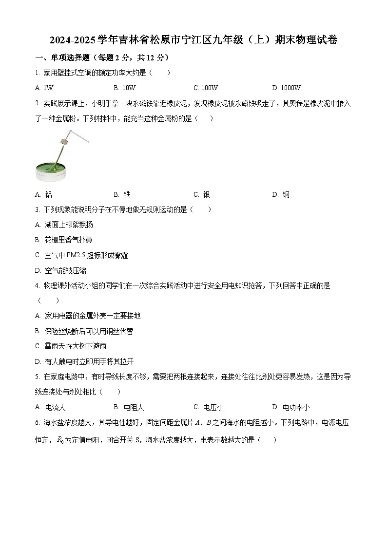 吉林省松原市宁江区2024-2025学年九年级上学期期末考试物理试题（原卷版+解析版）第1页