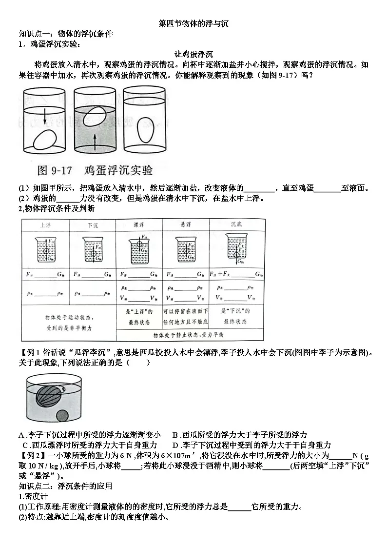 沪科版八年级物理第九章浮力第四节物体的沉与浮知识点+练习试题（含答案）第1页
