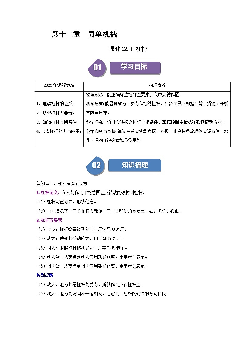 12.1 杠杆-知识点梳理+练习（含答案解析）第1页
