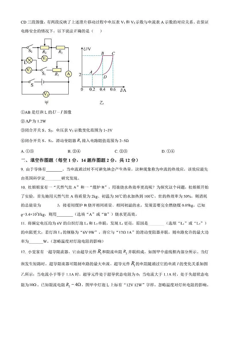 2024～2025学年重庆市第八中学校九年级上期末考试物理试卷(含答案)第3页