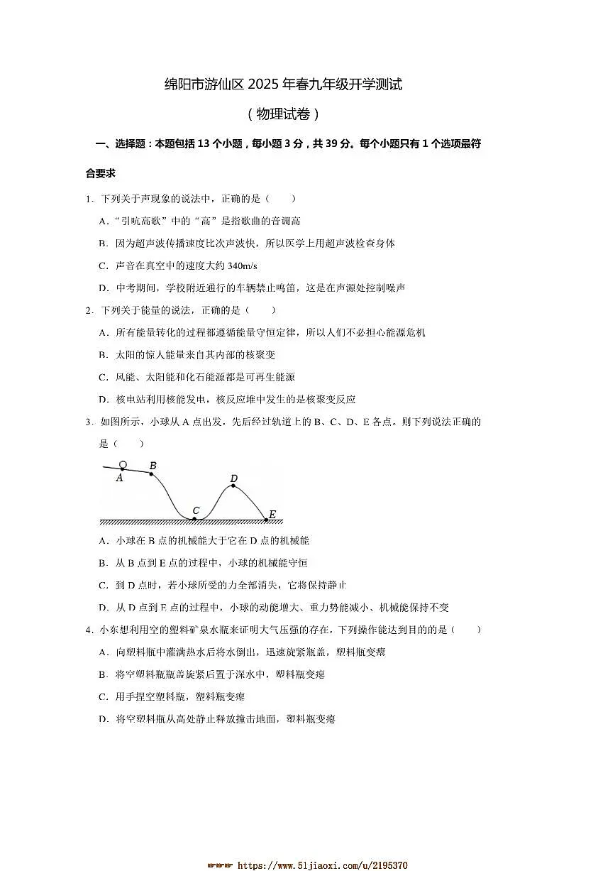 2024～2025学年四川省绵阳市游仙区九年级下开学物理试卷(含答案)第1页