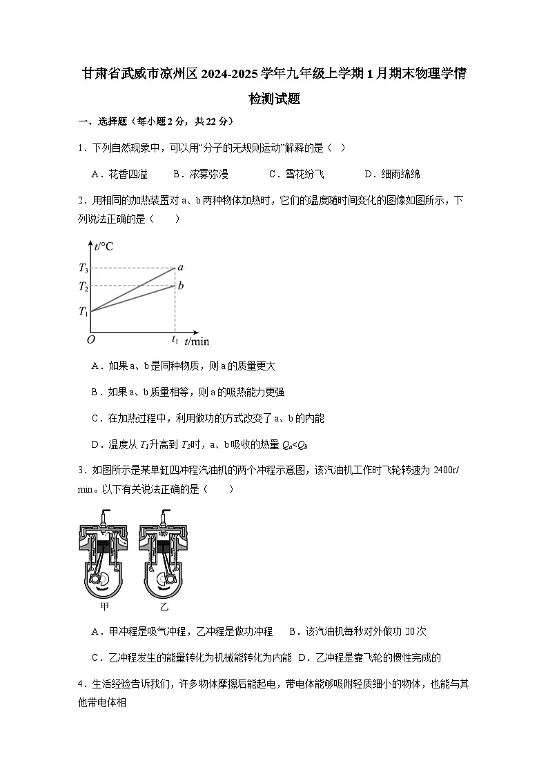 甘肃省武威市凉州区2024-2025学年九年级上册1月期末物理学情检测试题（附答案）第1页