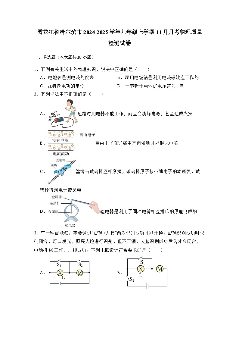 黑龙江省哈尔滨市2024-2025学年九年级上册11月月考物理质量检测试卷（附答案）第1页