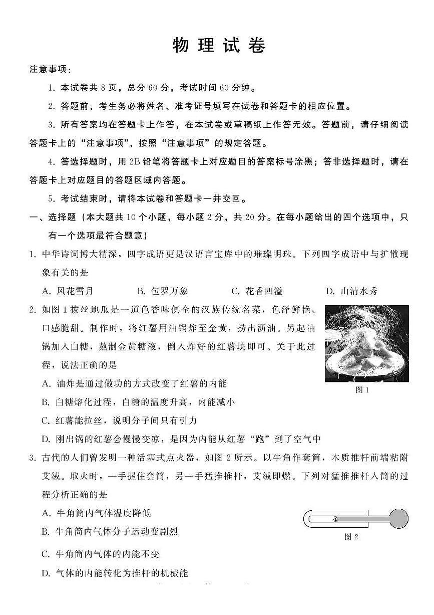 河北省邢台市某地区2024-2025学年九年级下学期3月结课考试 物理试题（pdf版）第1页