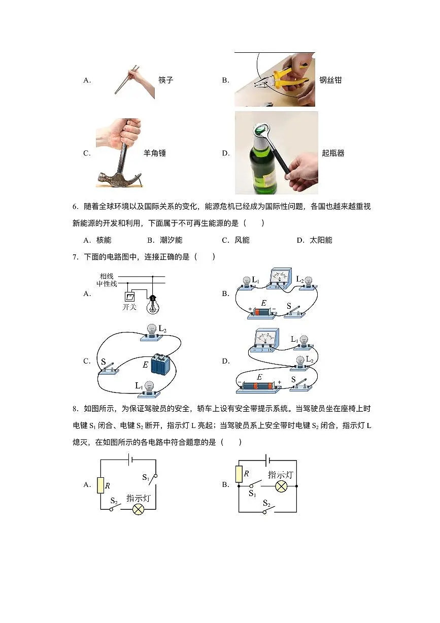 江苏省盐城市大丰区联考2024-2025学年九年级下学期3月月考 物理试题（pdf版）第2页