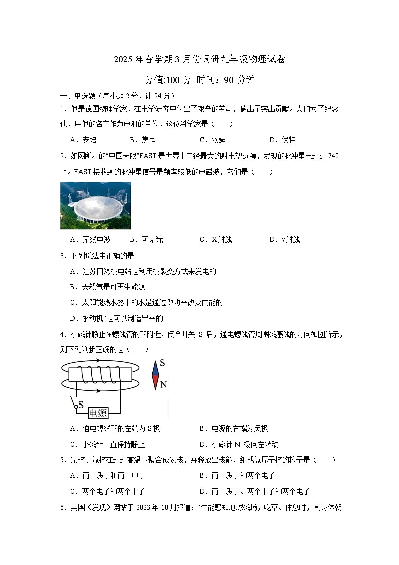 江苏省盐城市射阳县几校联考2024-2025学年九年级下学期3月月考 物理第1页