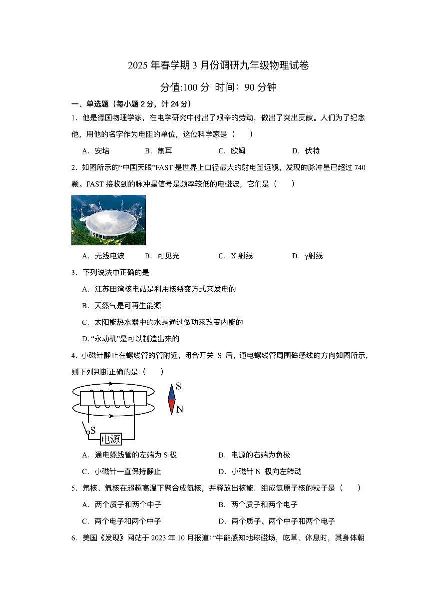 江苏省盐城市射阳县几校联考2024-2025学年九年级下学期3月月考 物理试题（pdf版）第1页