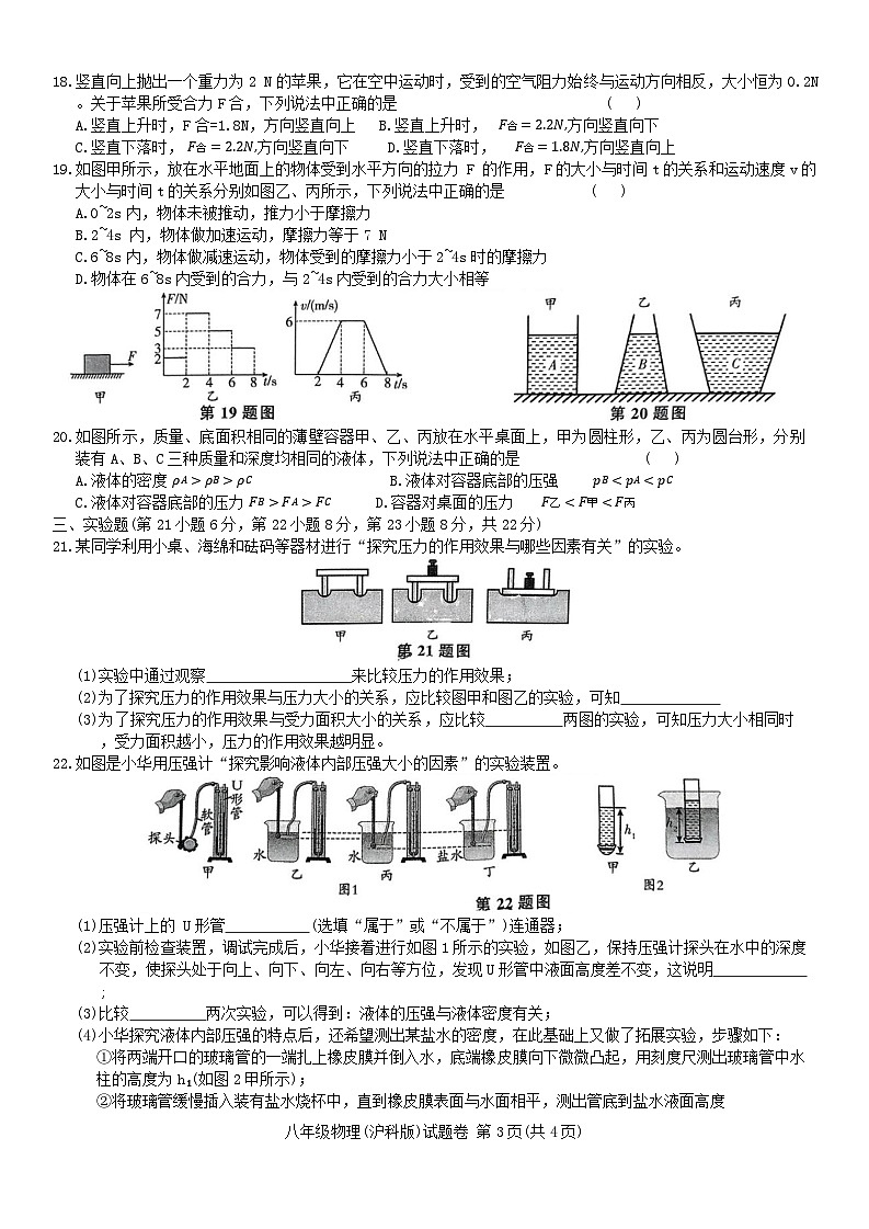 上海市华育中学2025年3月八年级下物理(沪科版)月考卷第3页