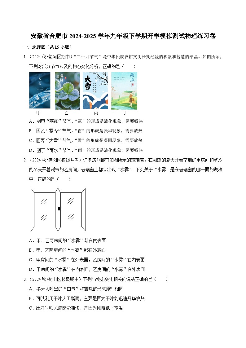 安徽省合肥市2024-2025学年九年级下学期开学适应性模拟测试 物理练习卷1（含解析）第1页