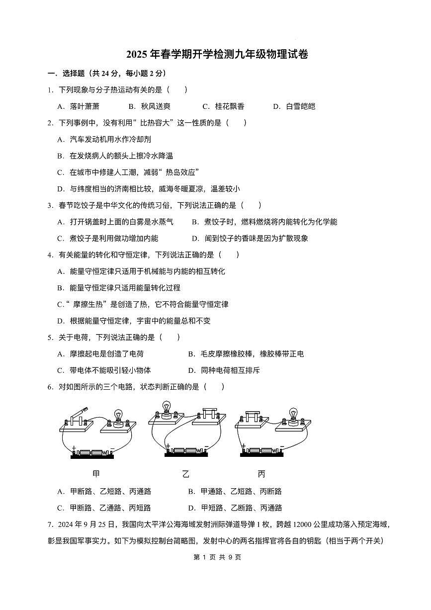 甘肃省武威市凉州区皇台九年制学校联片教研2024-2025学年九年级下学期开学检测 物理试卷（pdf版）第1页