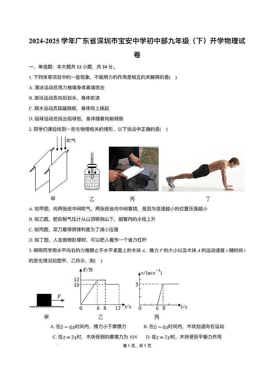 广东省深圳市宝安中学初中部2024-2025学年九年级下学期开学考试 物理试题（pdf版）第1页