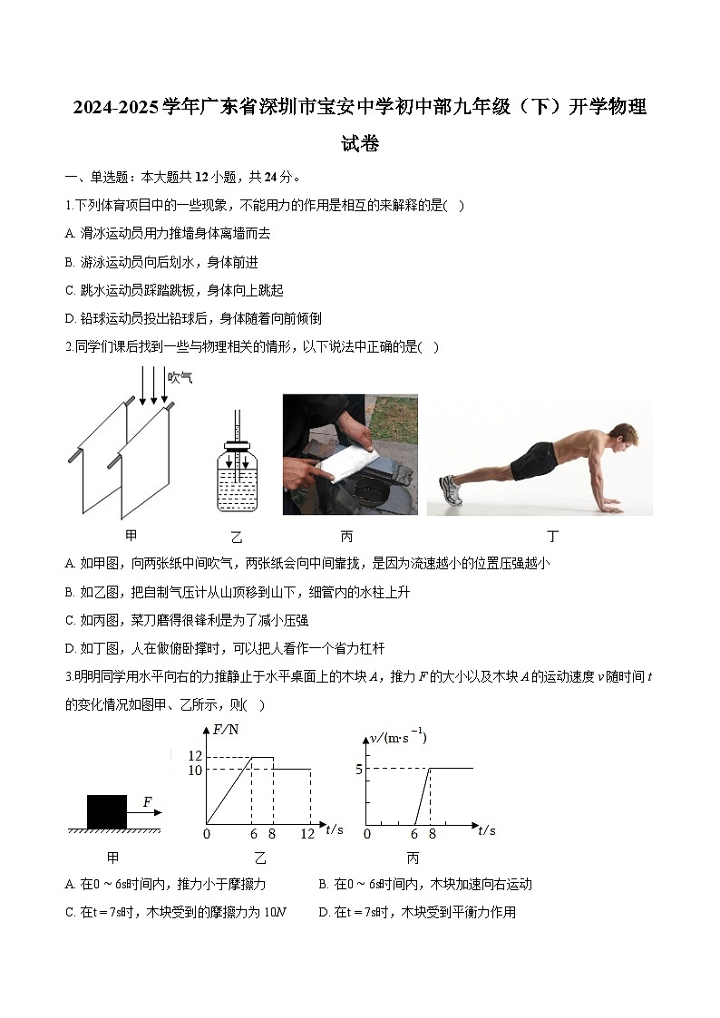 广东省深圳市宝安中学初中部2024-2025学年九年级下学期开学考试 物理试题（含解析）第1页