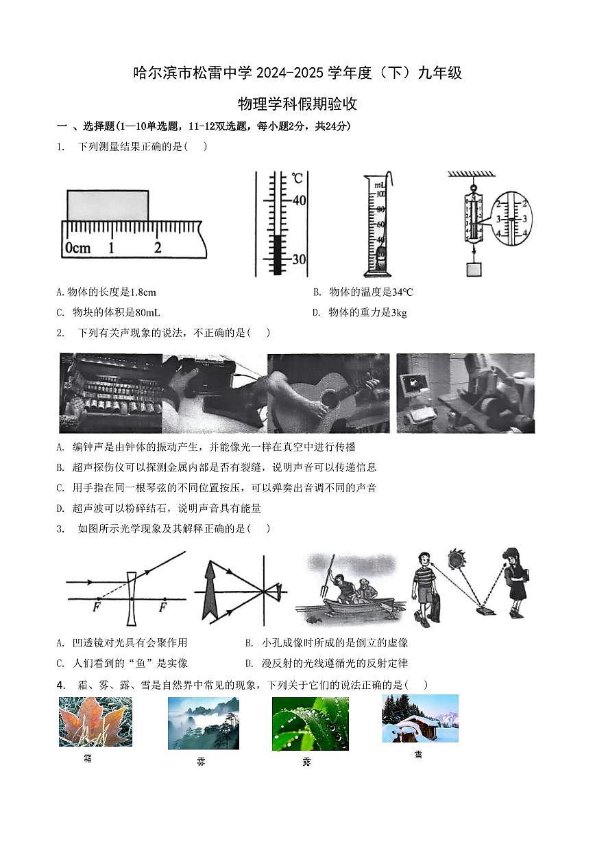 黑龙江省哈尔滨市松雷中学校2024-2025学年九年级下学期 物理开学试卷（pdf版）第1页