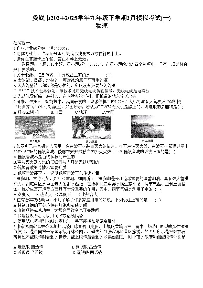 湖南省娄底市涟源市2024-2025学年九年级下学期3月月考 物理试题第1页