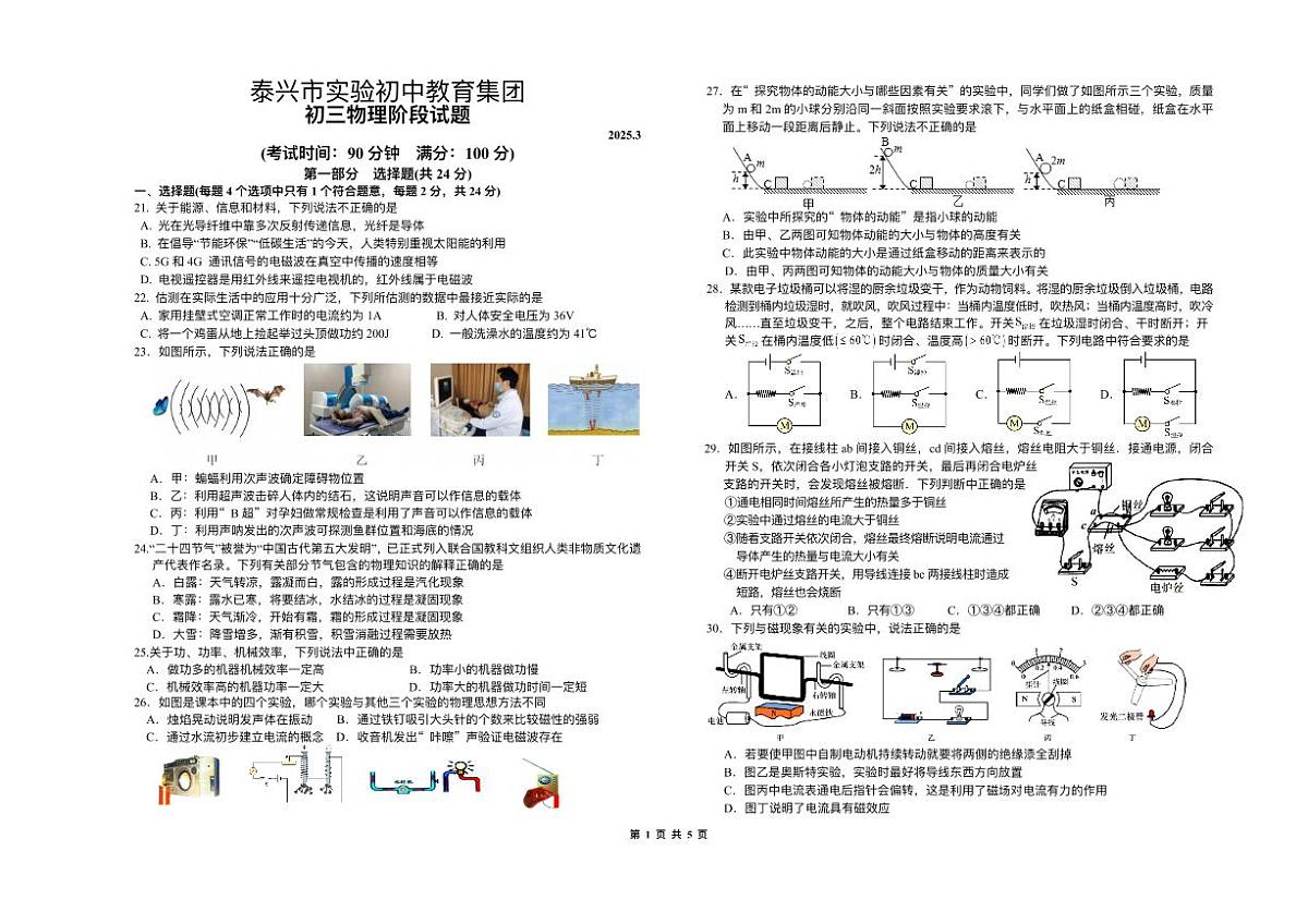 江苏省泰州市泰兴市实验初级中学2024-2025学年九年级下学期3月月考 物理试题（pdf版）第1页