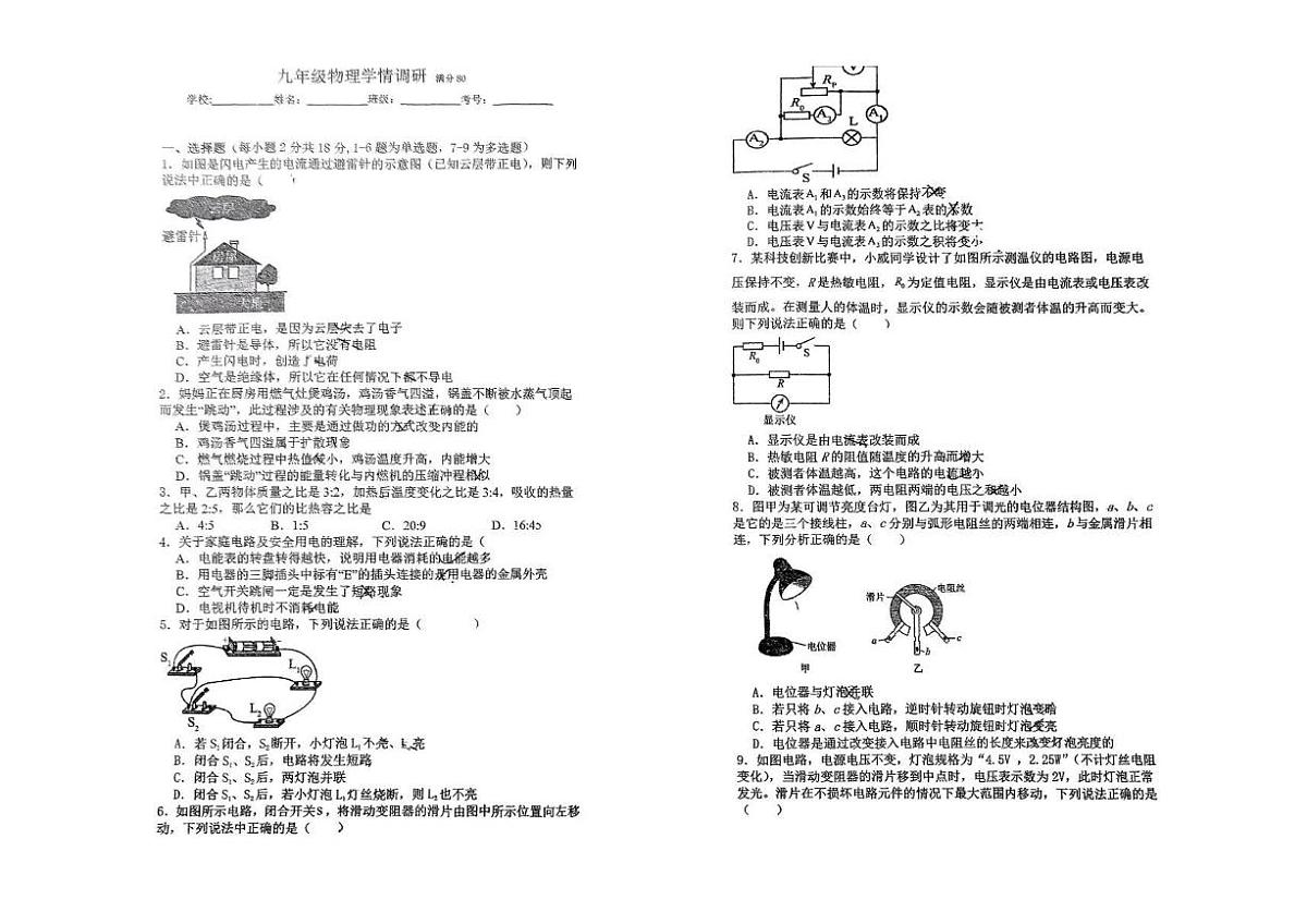 辽宁省沈阳市新民市实验中学2024-2025学年九年级下学期开学考试 物理试题（pdf版）第1页