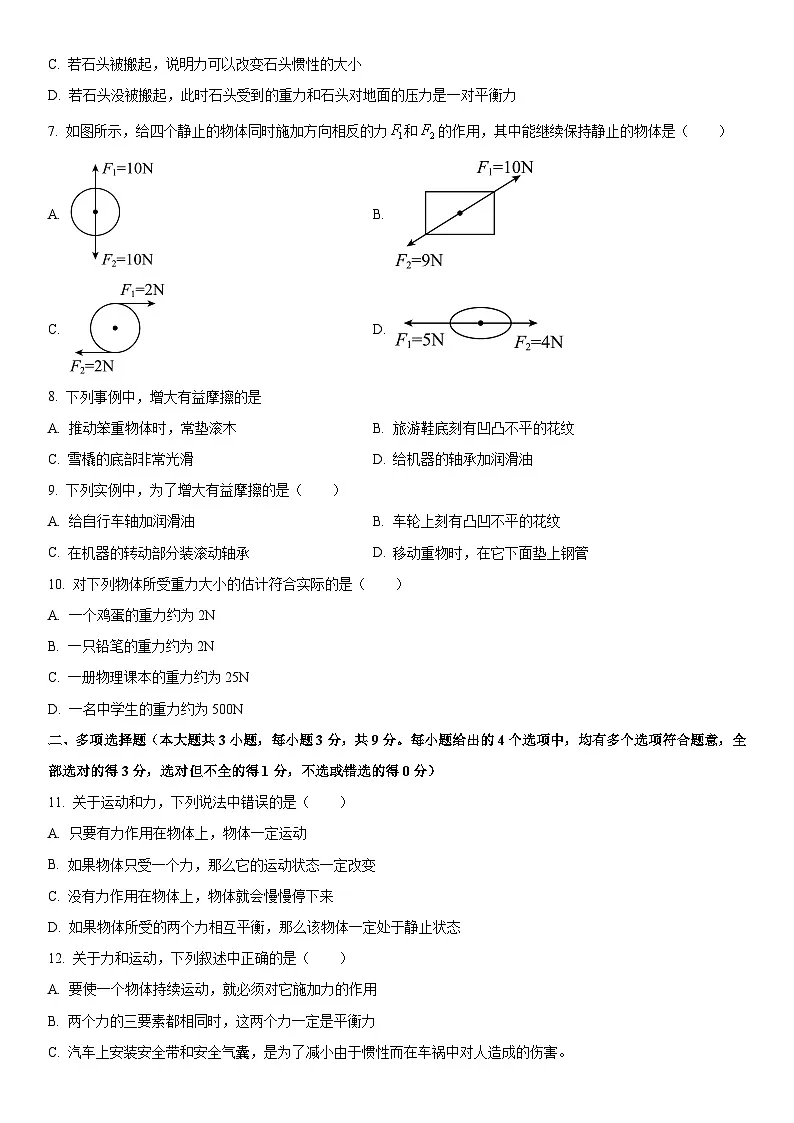 天津市2024-2025学年八年级 物理下学期第一次月考模拟试卷01第2页