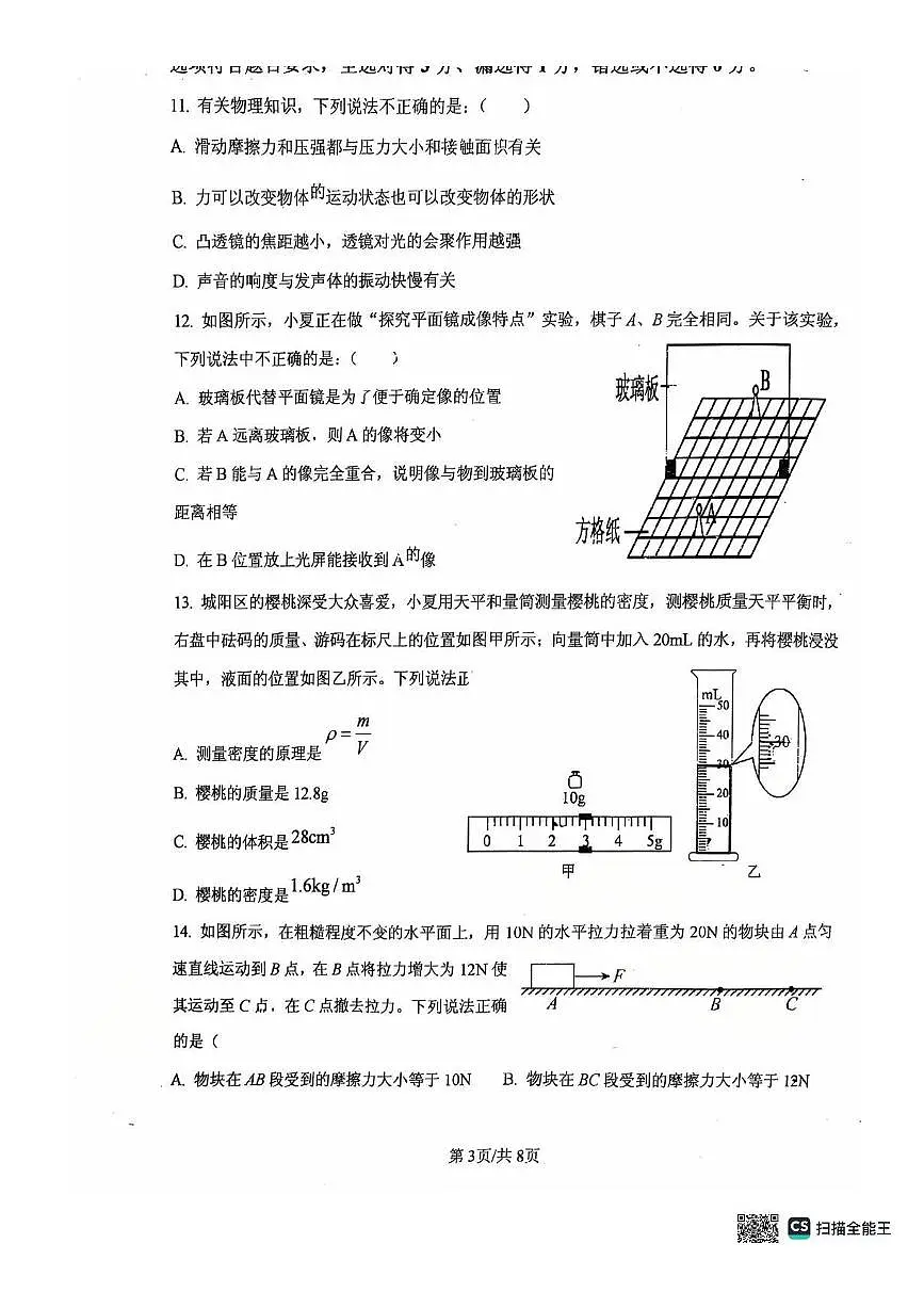 山东省青岛市城阳第八中学2024-2025学年九年级下学期3月月考 物理试题（pdf版）第3页