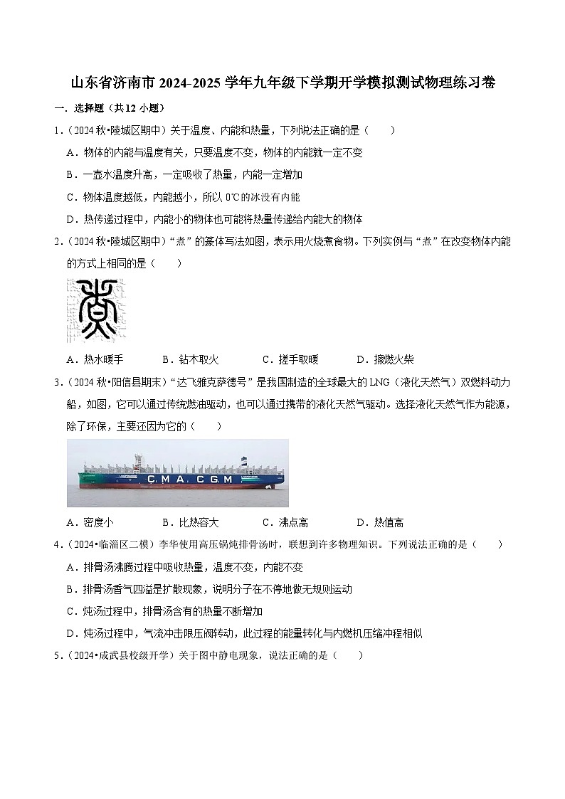 山东省济南市2024-2025学年九年级下学期开学适应性模拟测试 物理练习卷1（含解析）第1页