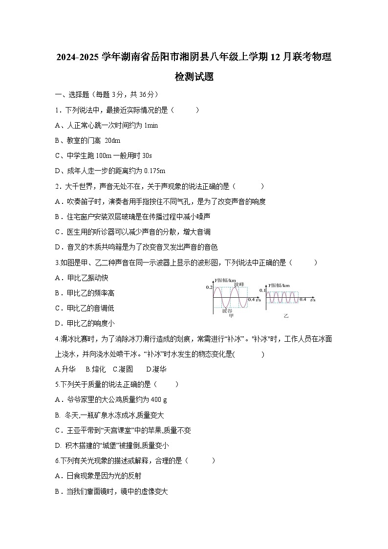 2024-2025学年湖南省岳阳市湘阴县八年级上学期12月联考物理检测试题（附答案）第1页