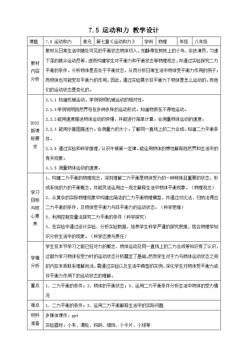 7.5 运动和力 教学设计（表格式）第1页