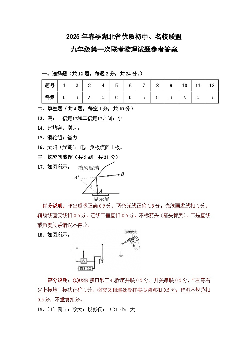九年级第一次联考物理——参考答案第1页