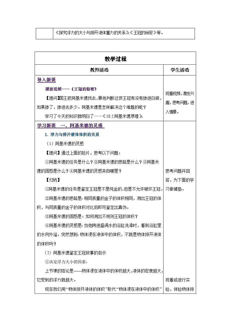新人教版物理 八下 10-2 阿基米德原理 教学设计第2页