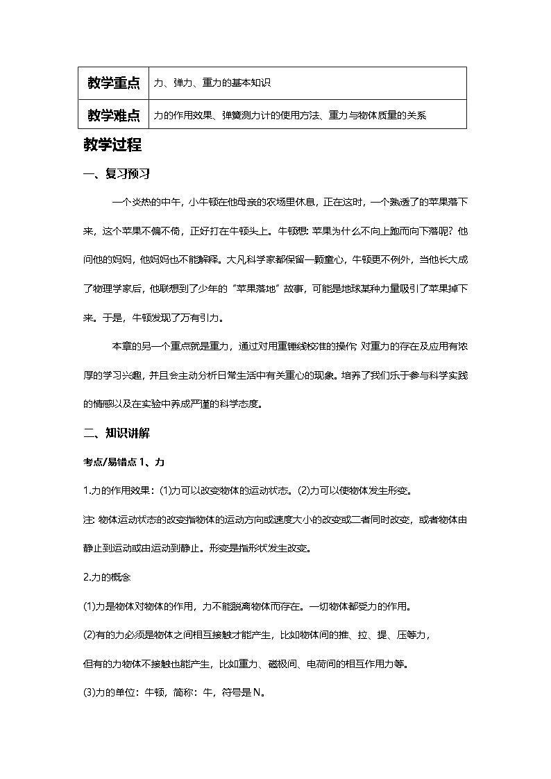 新人教版物理 八下 第七章《力》章末复习教案第2页