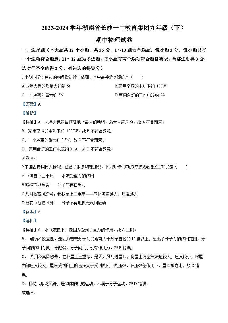 初三物理：长沙一中教育集团2023-2024学年九年级下学期期中物理试题答案第1页