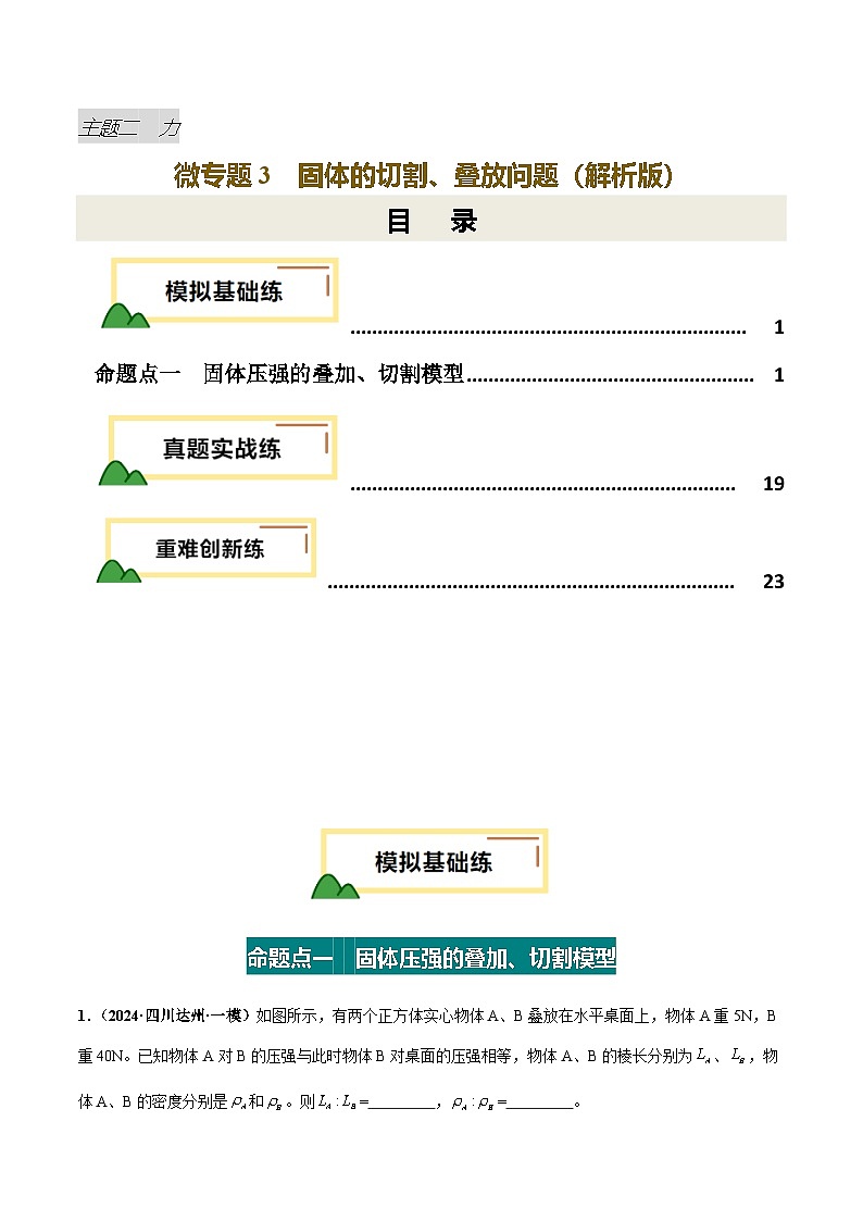2025年中考物理复习力学专题复习专题3  固体的切割、叠放问题（练习）（解析版）第1页