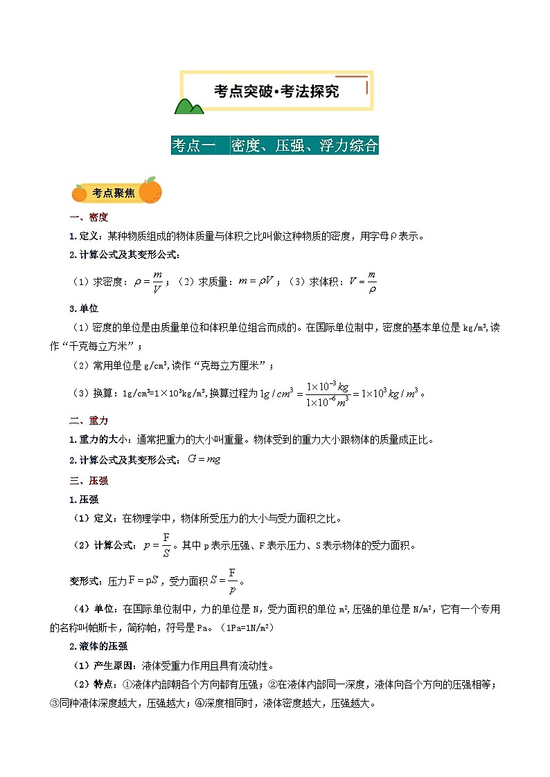 2025年中考物理复习力学专题复习专题4  密度、压强、浮力综合 （讲义）（原卷版）第2页